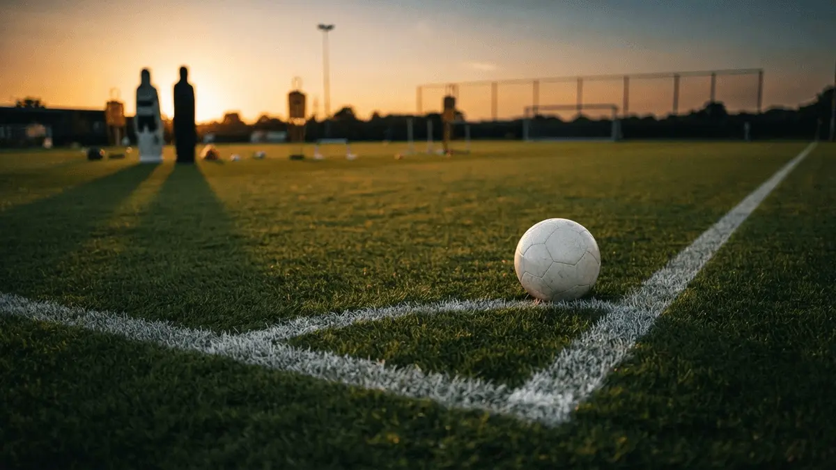Right wing touchline of football training pitch at golden hour with football on grass
