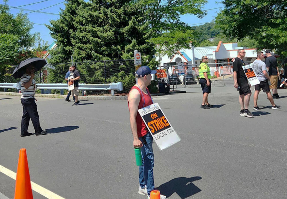 Merrimack Valley transit workers on strike Wednesday. (Andrea Perdomo-Hernandez/WBUR)