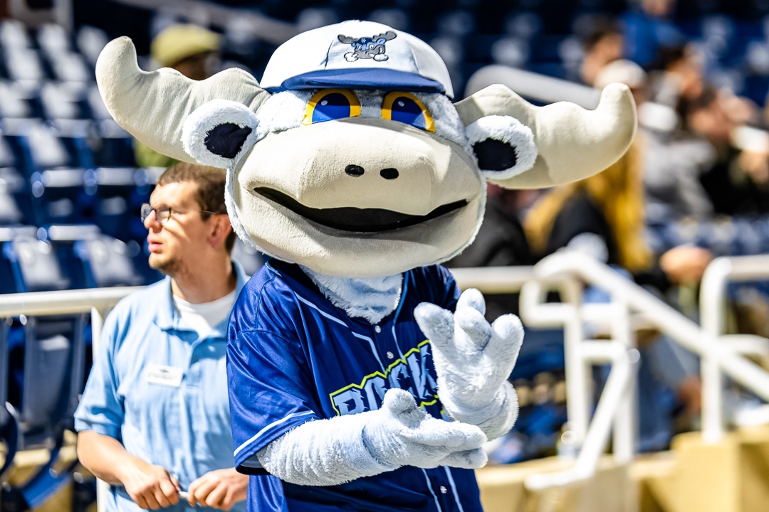 The Blue Rocks mascot, Rocky, during a Blue Rocks home game. Photo Credit: Dave Reeder