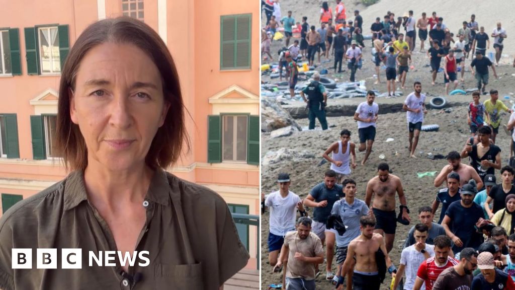 Composite image showing BBC's Sarah Rainsford on the left hand side and hundreds of migrants on Ceuta beach on the right