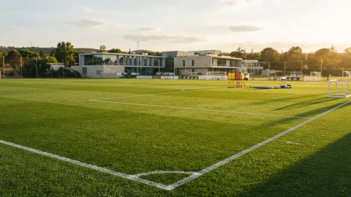 Real Madrid training ground at Valdebebas with pristine pitch and facility architecture at golden hour