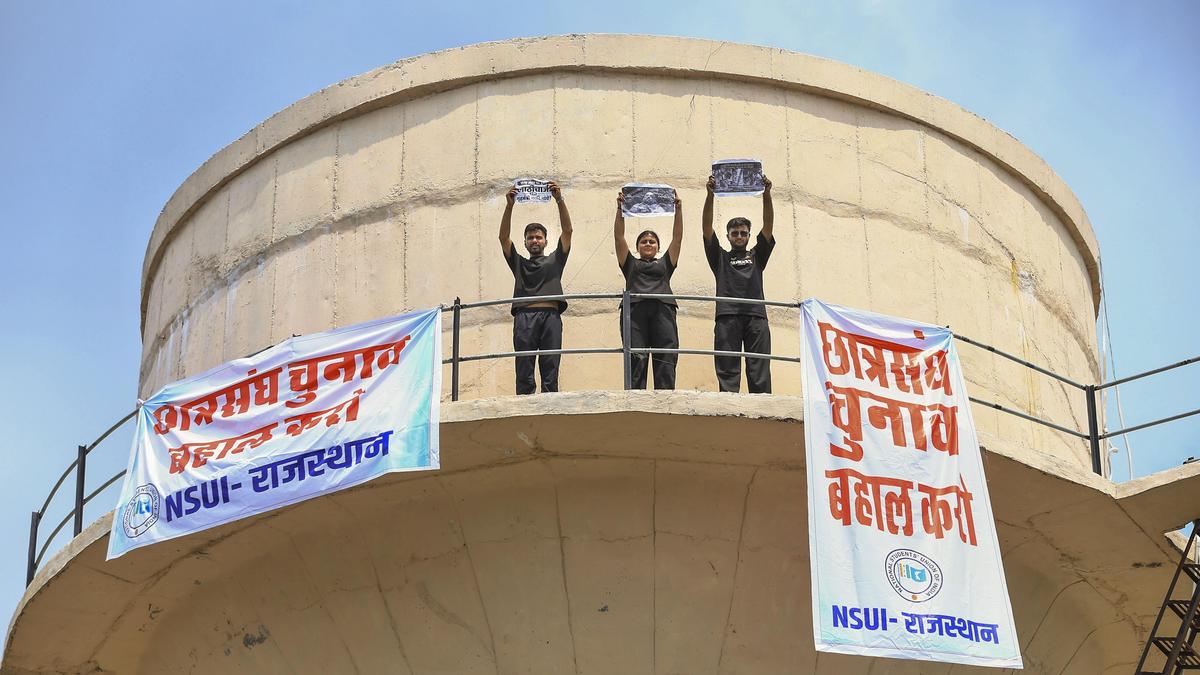 NSUI workers go on hunger strike atop water tank in Jaipur for student union elections
