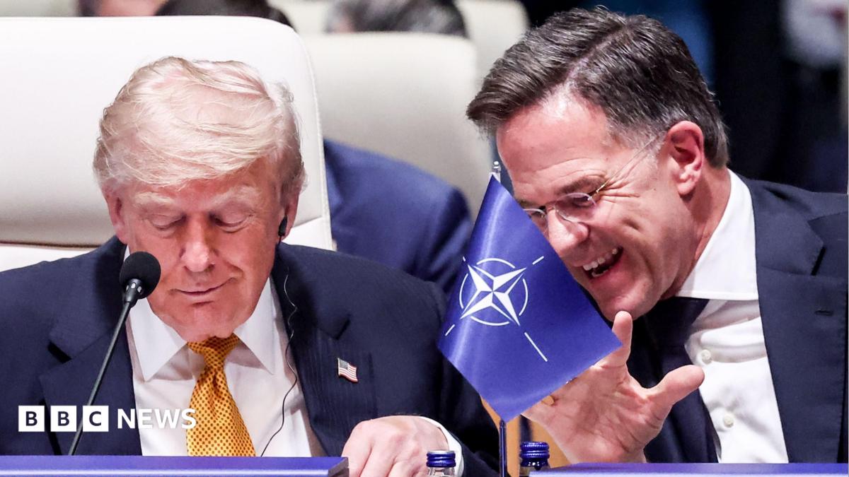 Nato Secretary General Mark Rutte (L) laughs with other Nato leaders including Hungarian PM Peter Magyar, President Trump, Italian PM Georgia Meloni and UK PM Keir Starmer.