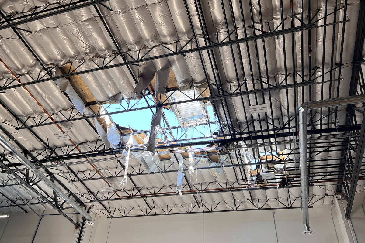 Roof damage is seen in the Nevada Youth Sports Center, located at 6370 S Pioneer Way in Las Veg ...