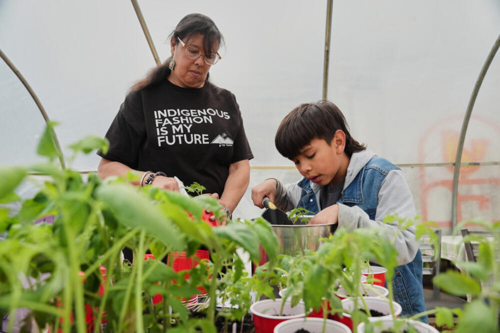 Dawn Spears loads a cart full of tomato plants at her farm. (Joshua A. Bickel/AP)