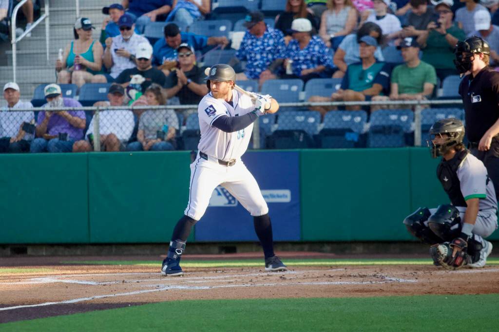 Mariners infielder Brendan Donovan waits for a pitch during his rehab assignment with the Everett AquaSox at Everett Memorial Stadium on July 21, 2026. (Joe Pohoryles / The Herald)