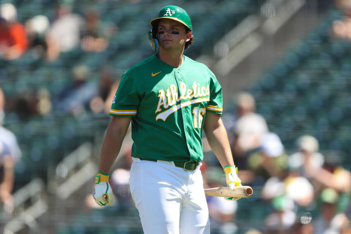 Athletics' Nick Kurtz walks to the dugout after striking out during the fourth inning of a ...