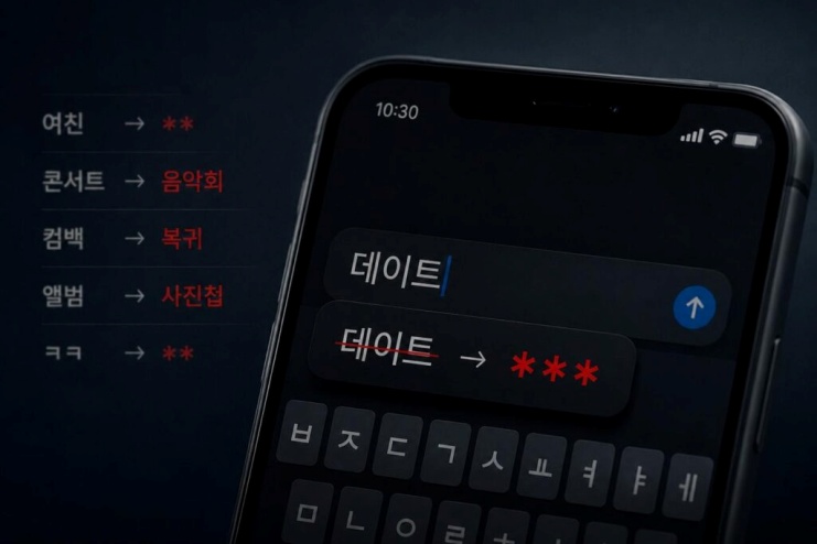 Illustration of a North Korean smartphone showing predictive text replacing South Korean-style words, including "yeochin" and "date," with asterisks, July 2026