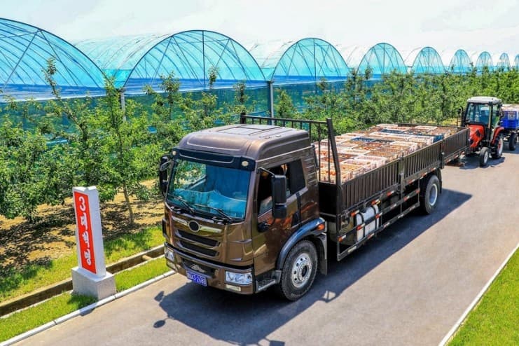 Truck hauling produce past greenhouse tunnels at Yonpho Greenhouse Farm, July 2026