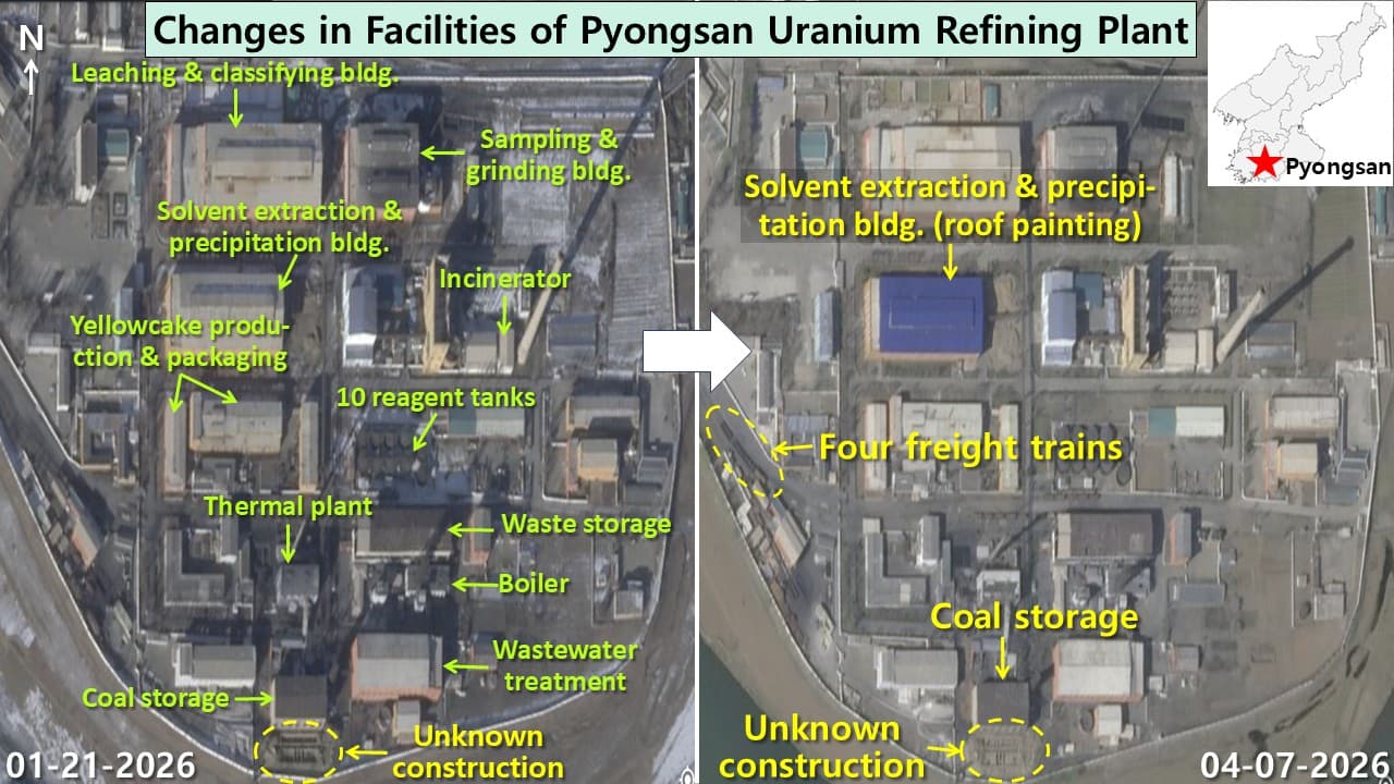 Satellite images from Jan. 21 and April 7, 2026, showing facility changes at North Korea's Pyongsan uranium refinery, including roof repainting, four freight trains, and unknown construction near coal storage