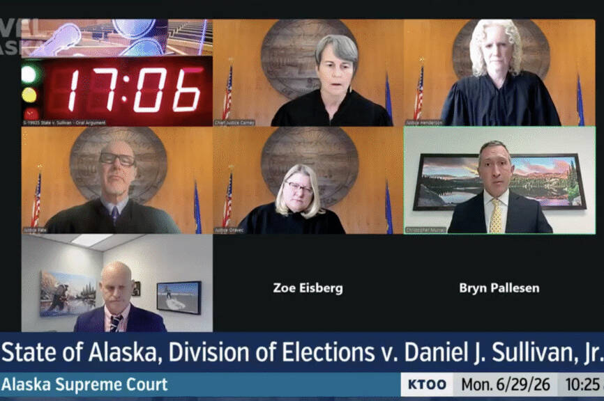 The Alaska Supreme Court considered oral arguments in a fast-tracked case appealing a lower court’s ruling Dan J. Sullivan is eligible to run for U.S. Senate on June 29, 2026. (Screenshot of Gavel livestream)