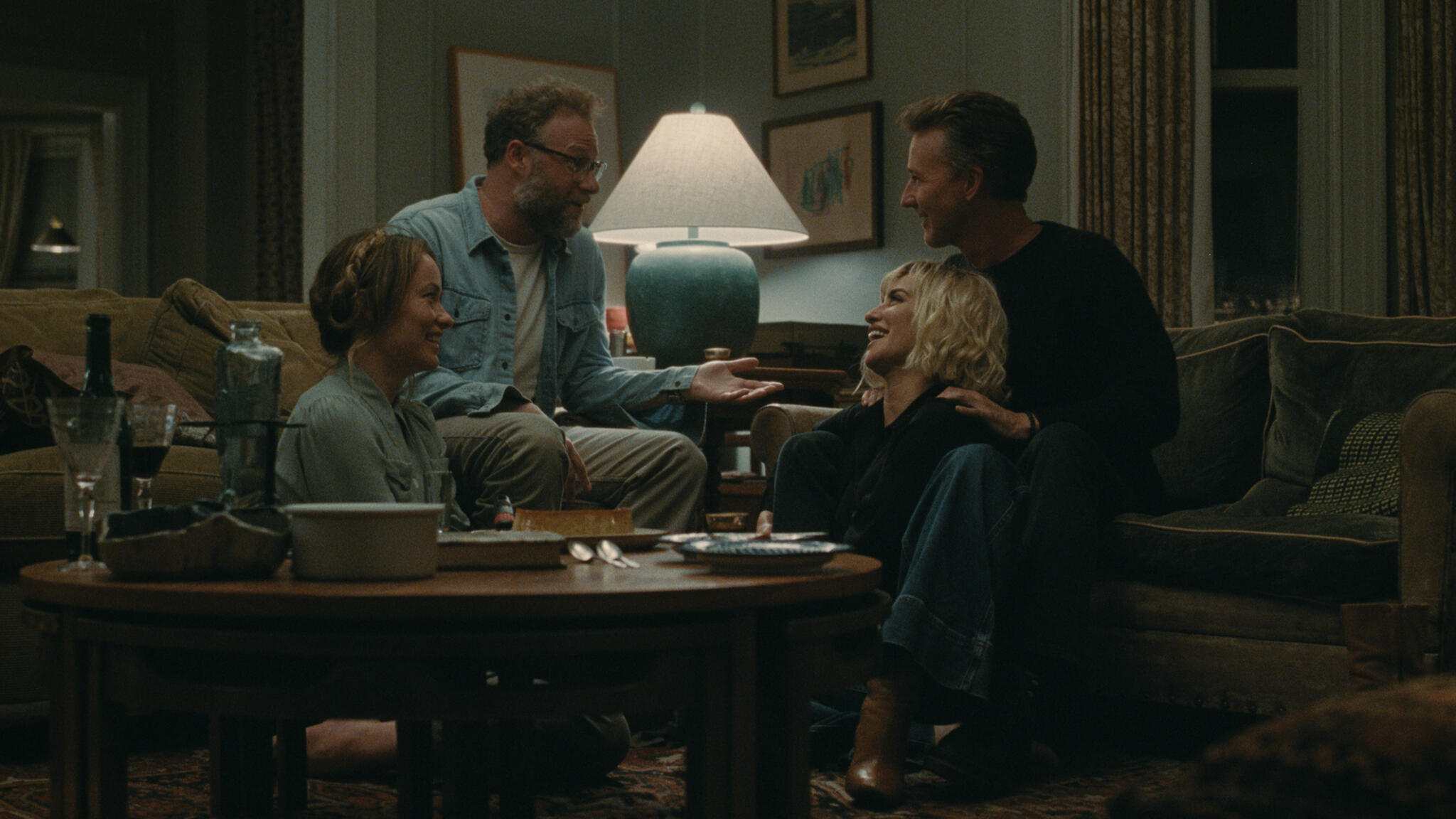 From left: Olivia Wilde, Seth Rogen, Penélope Cruz and Edward Norton in "The Invite." (Courtesy A24)