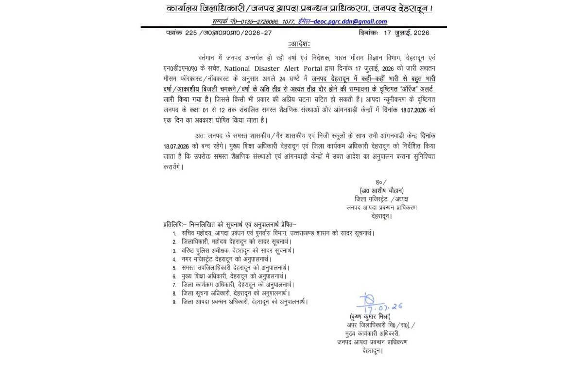 Orange alert for heavy rain in Dehradun: All schools and Anganwadi centers to remain closed on July 18