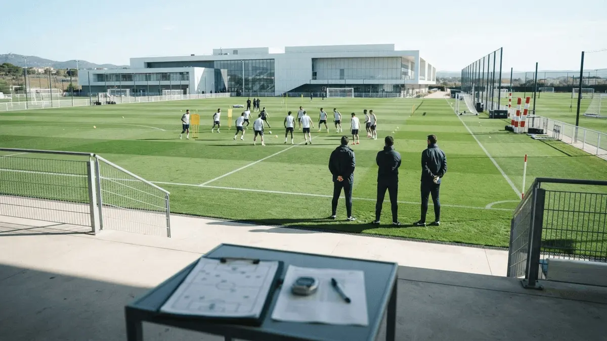 Real Madrid training ground with coaching staff silhouettes and tactical equipment at Valdebebas facility