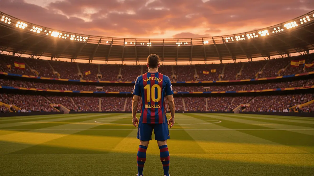 Barcelona player at Camp Nou stadium during golden hour with dramatic lighting and packed stands