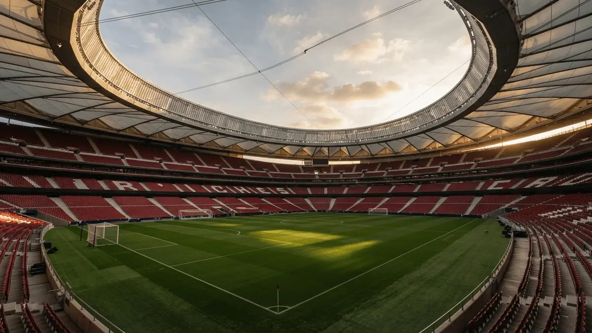 Modern football stadium interior with dramatic architecture and golden hour lighting