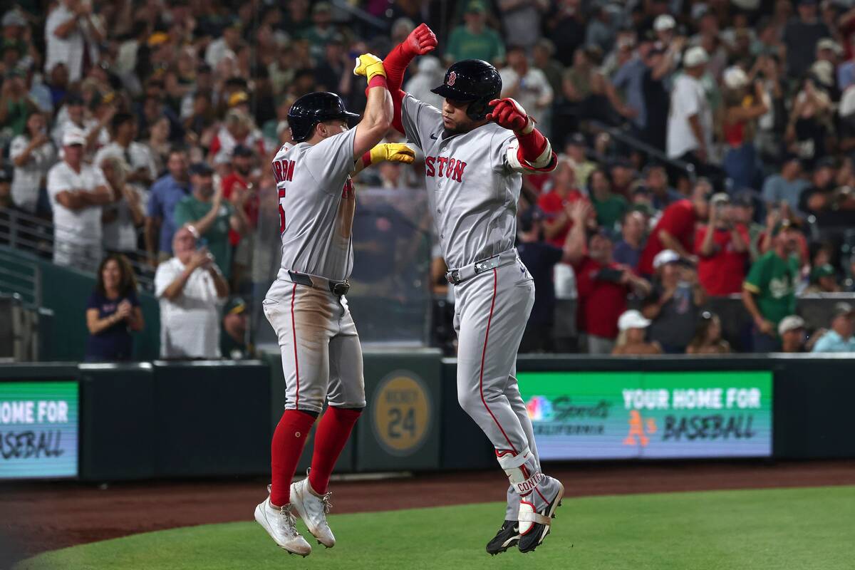 Boston Red Sox's Willson Contreras, right, celebrates with Caleb Durbin after hitting a ho ...