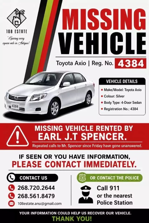 Rental Company Appeals for Public’s Help to Locate Missing Toyota Axio