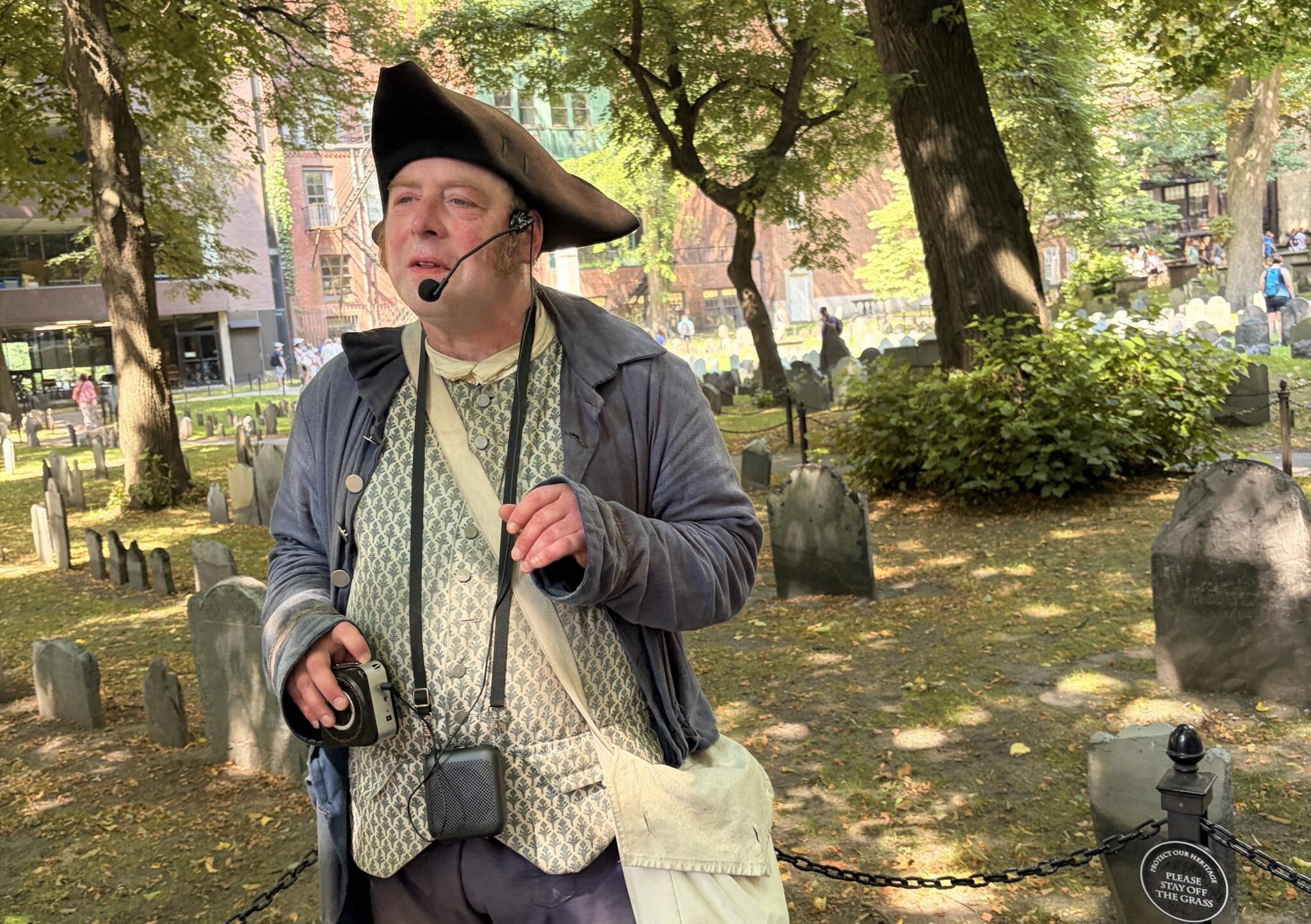 Revolutionary reenactor Jeremiah Poope at one stop on his tour. (Karyn Miller-Medzon/Here & Now)