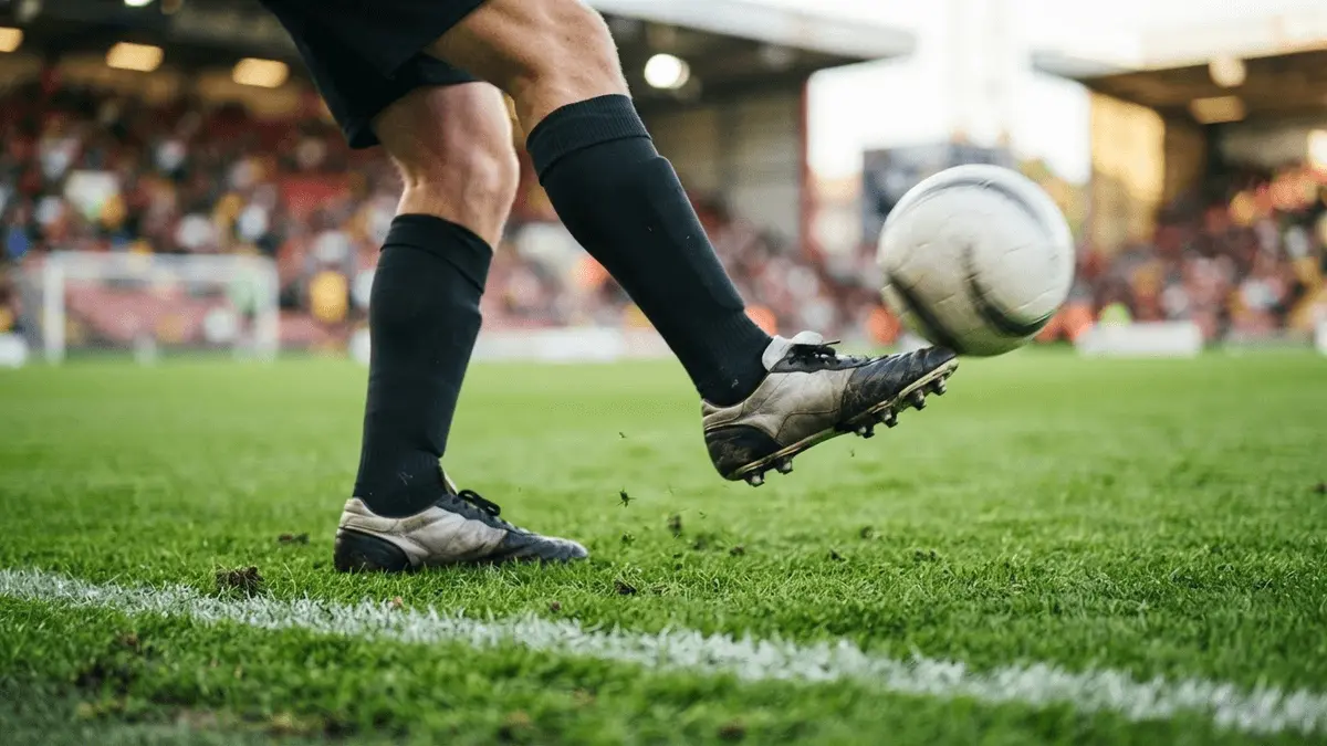 Close-up of football boot making precise pass on stadium pitch grass