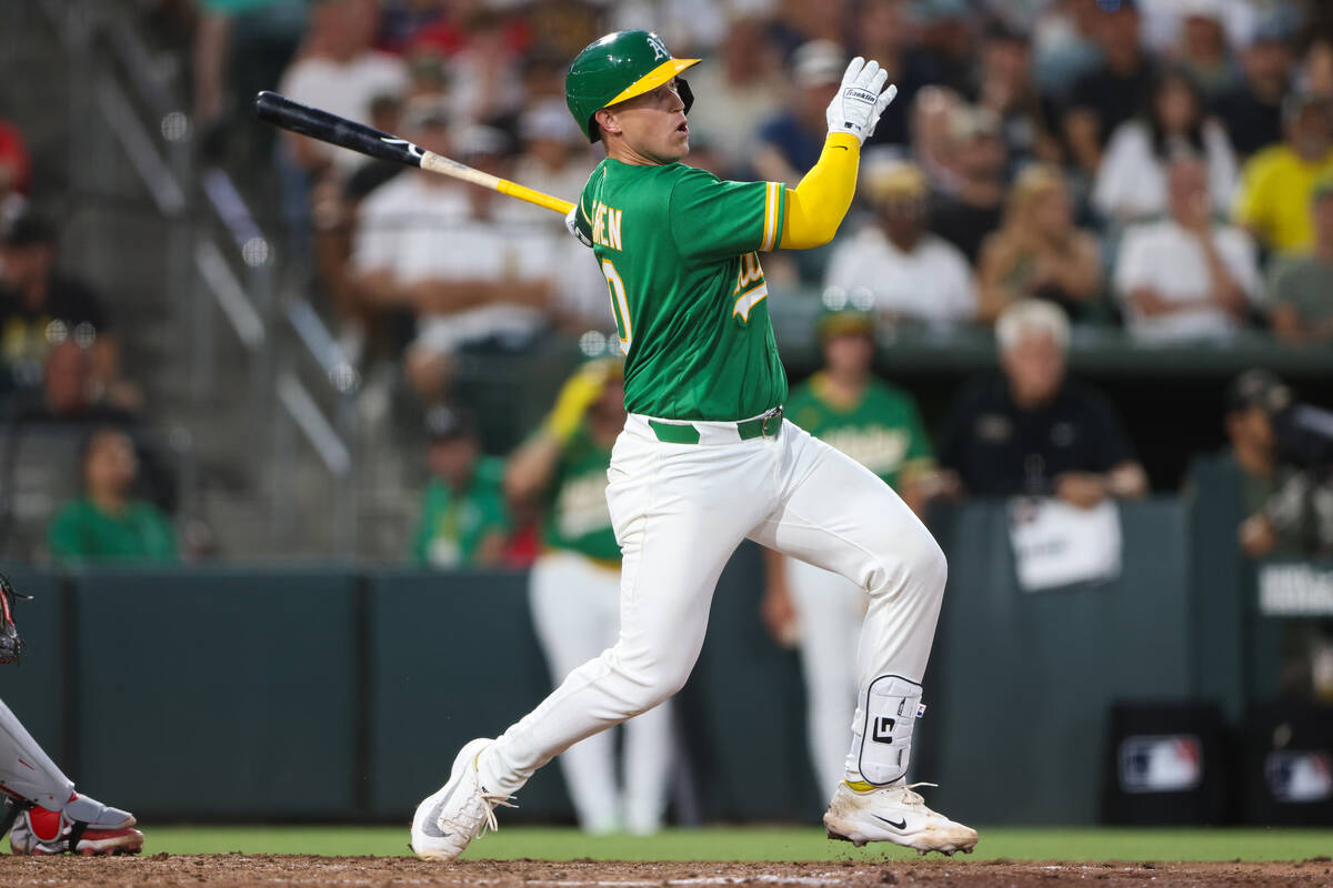 Athletics' Brian Serven hits a two-run home run during the seventh inning of a baseball ga ...
