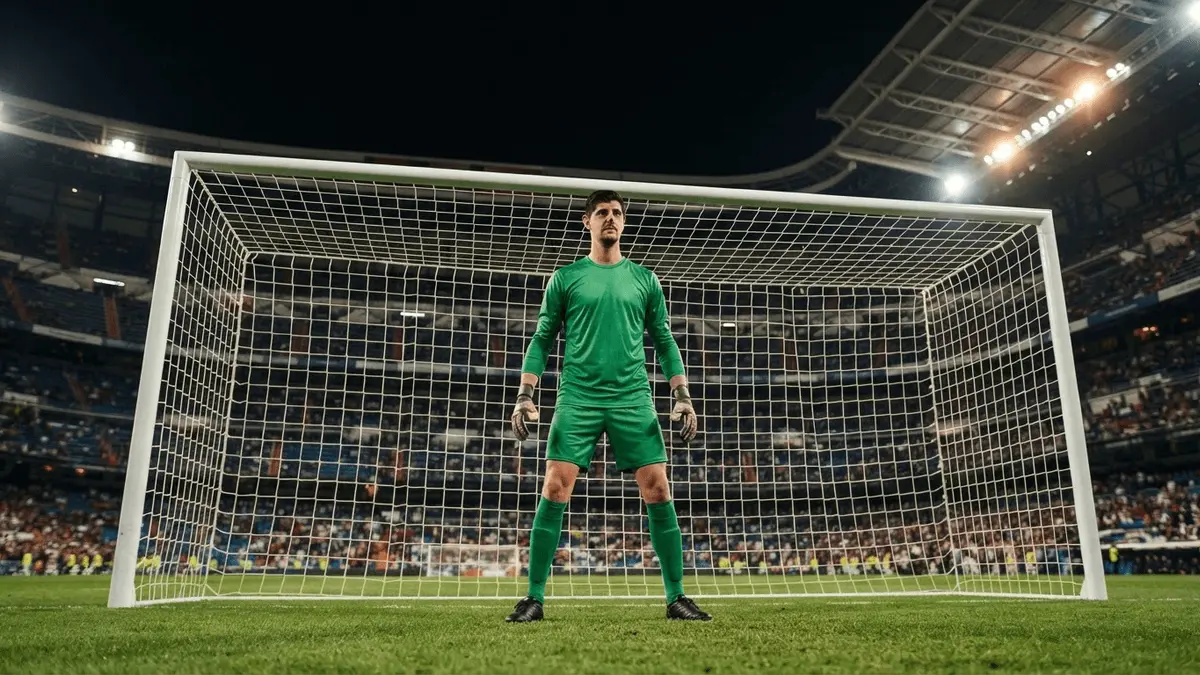 Real Madrid goalkeeper in green kit standing confidently at Bernabéu stadium goal