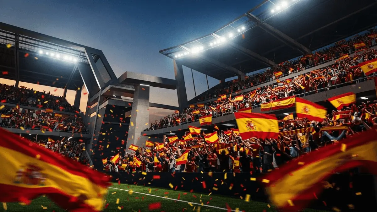 Spanish football celebration with red and yellow colors in stadium at twilight