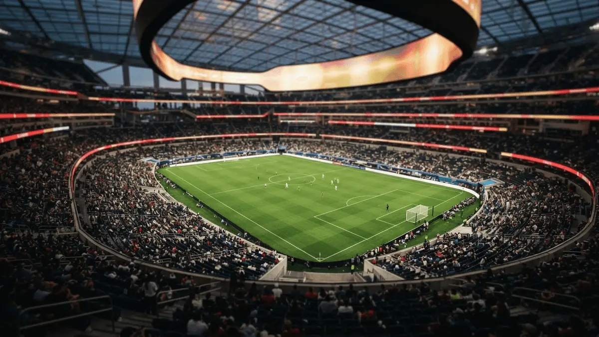 SoFi Stadium in Los Angeles illuminated for World Cup quarterfinal match between Spain and Belgium