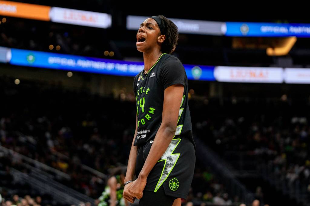 Seattle Storm forward Dominique Malonga shouts during a 77-72 loss to the Portland Fire on Saturday, July 4, 2026 at Climate Pledge Arena in Seattle. (Courtesy of Seattle Storm)