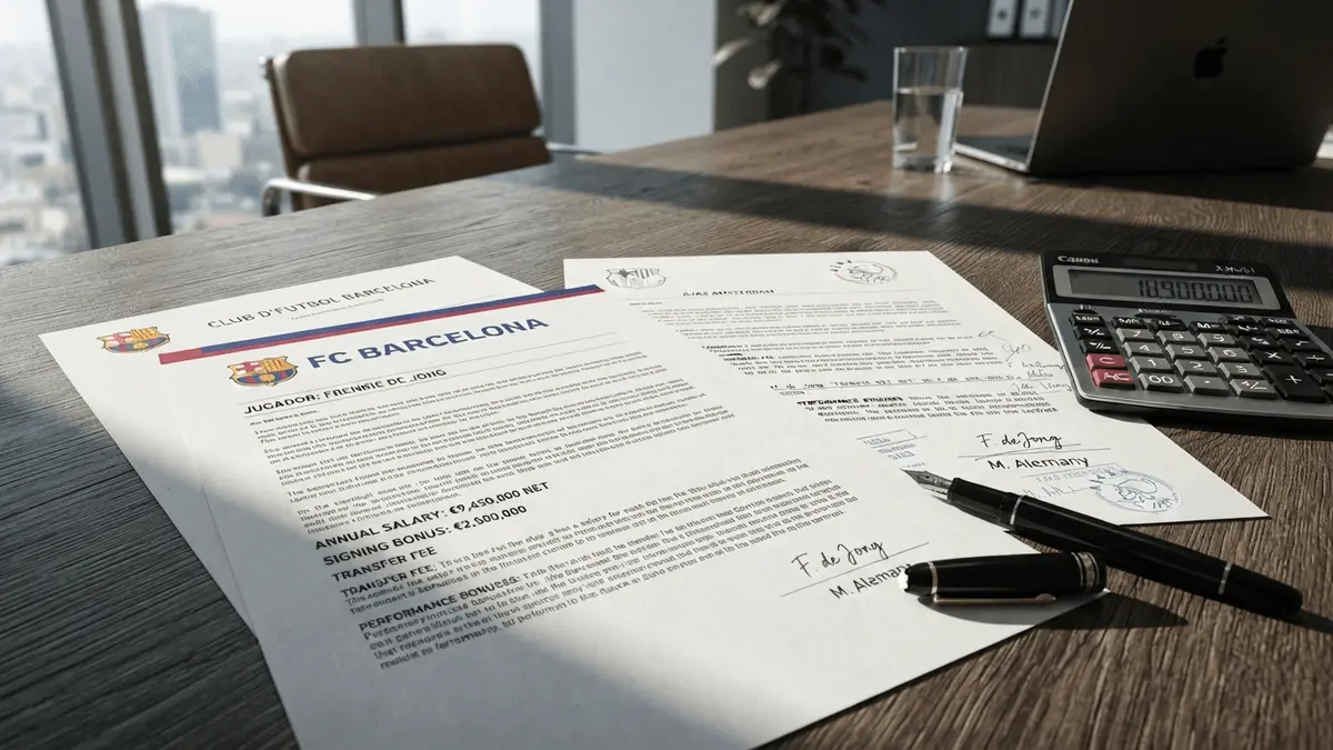 Contract documents and financial papers on desk representing Barcelona Ajax transfer negotiations