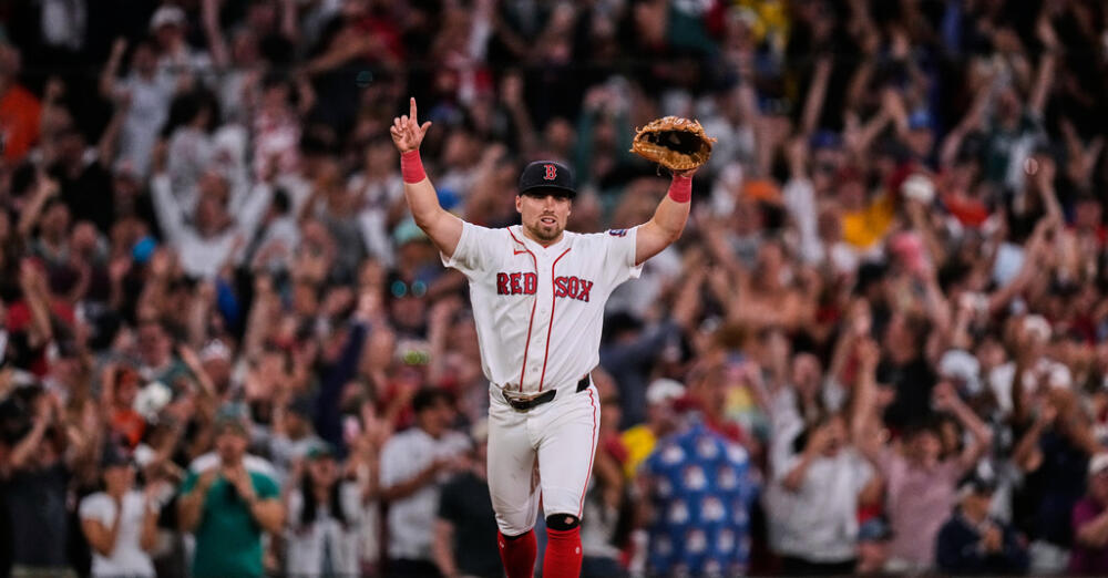 Boston Red Sox's Caleb Durbin celebrates after defeating the Baltimore Orioles following a baseball game, Monday, July 20, 2026, in Boston. (Charles Krupa/AP)