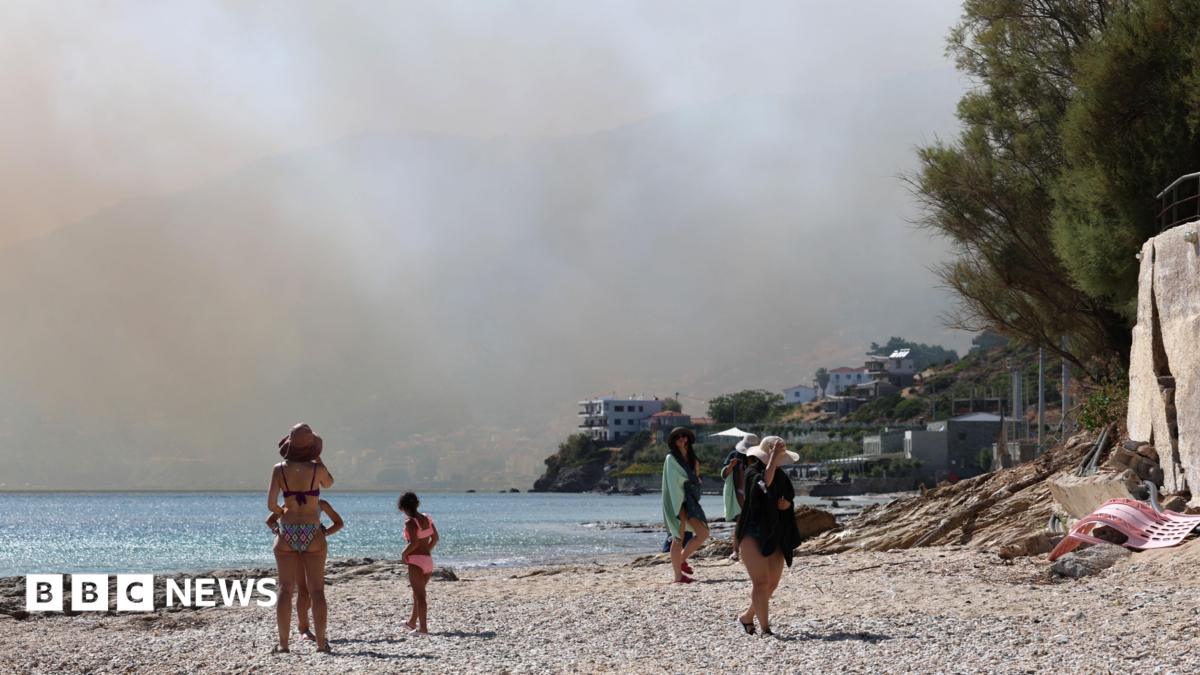 Smoke fills the sky as a fire burns through mixed agricultural and forest land in Plomari, Lesvos, Greece, 29 July 2026