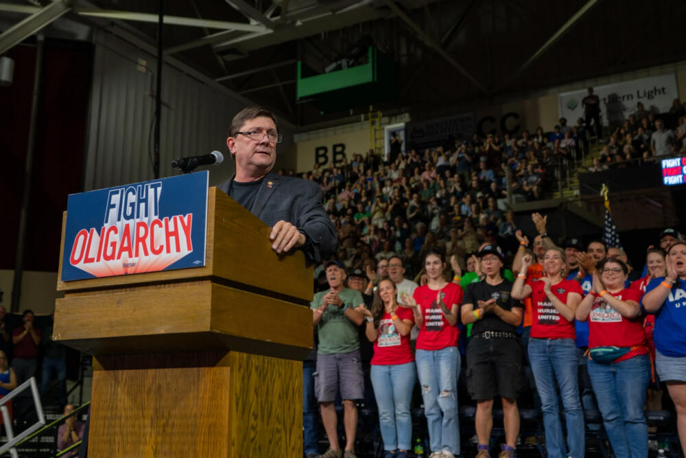 Troy Jackson speaks at a Labor Day rally on Monday, Sept. 1, 2025. (Rebecca Conley/Maine Public)