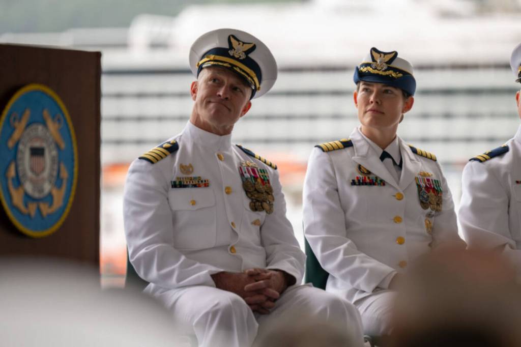 Capt. Ginny Nadolny, right, relieved Capt. Stanley Fields, left, as sector commander of Coast Guard Sector Southeast Alaska at Coast Guard Station Juneau. (U.S. Coast Guard photo by Petty Officer 2nd Class Alexander Ransom)