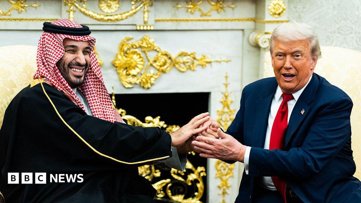 A file image of Saudi Crown Prince Mohammed bin Salman holding an extended handshake in the White House Oval Office with US President Donald Trump