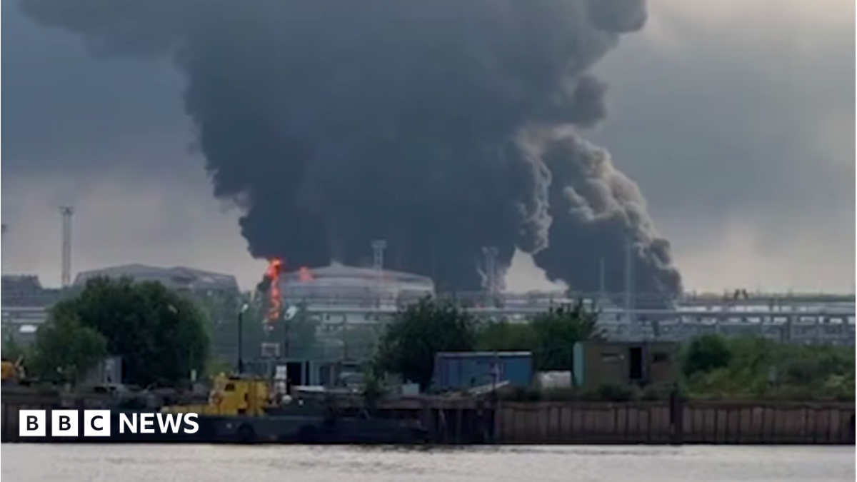 Screenshot from a video showing St Petersburg's oil terminal on fire in north-western after a Ukrainian attack.