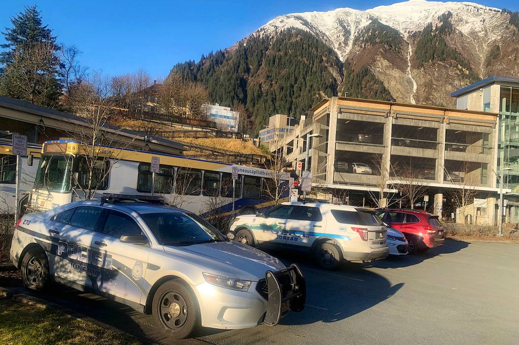 Juneau Police Department cars parked outside the downtown branch station. (Mark Sabbatini / Juneau Empire)