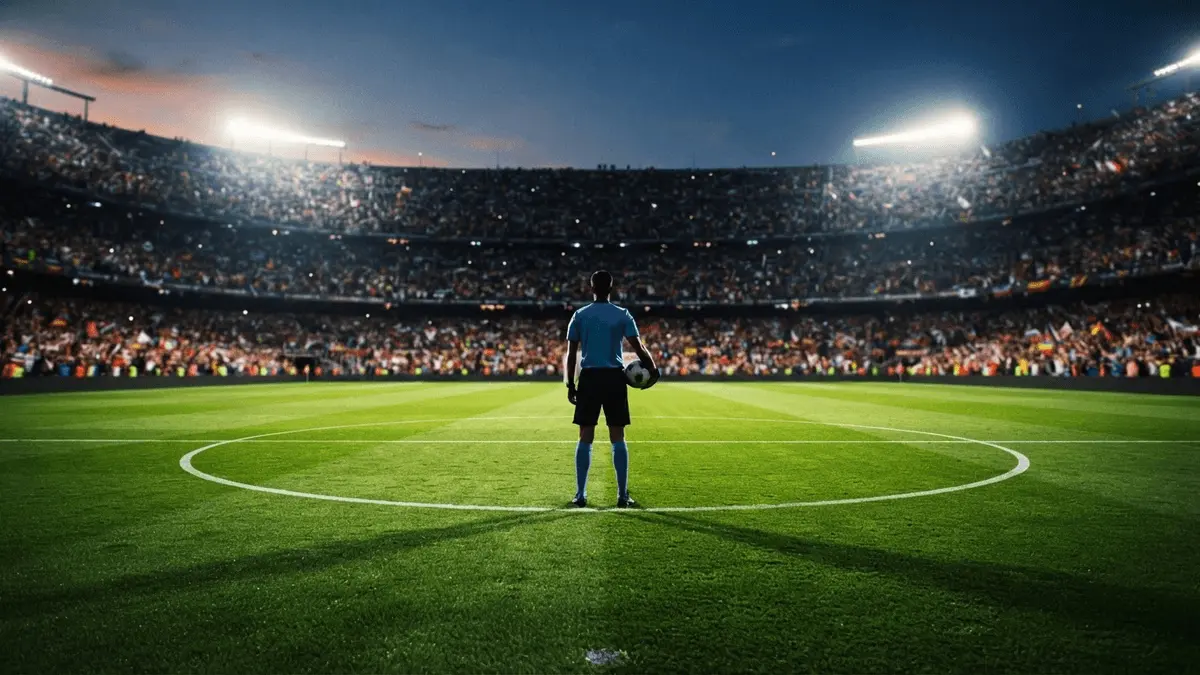 Referee at center circle of illuminated World Cup final stadium at twilight