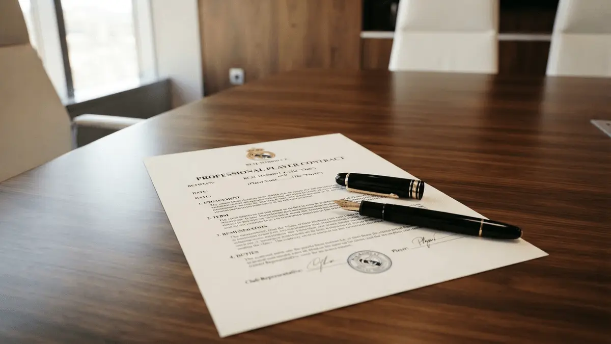 Football contract document with fountain pen on executive boardroom table