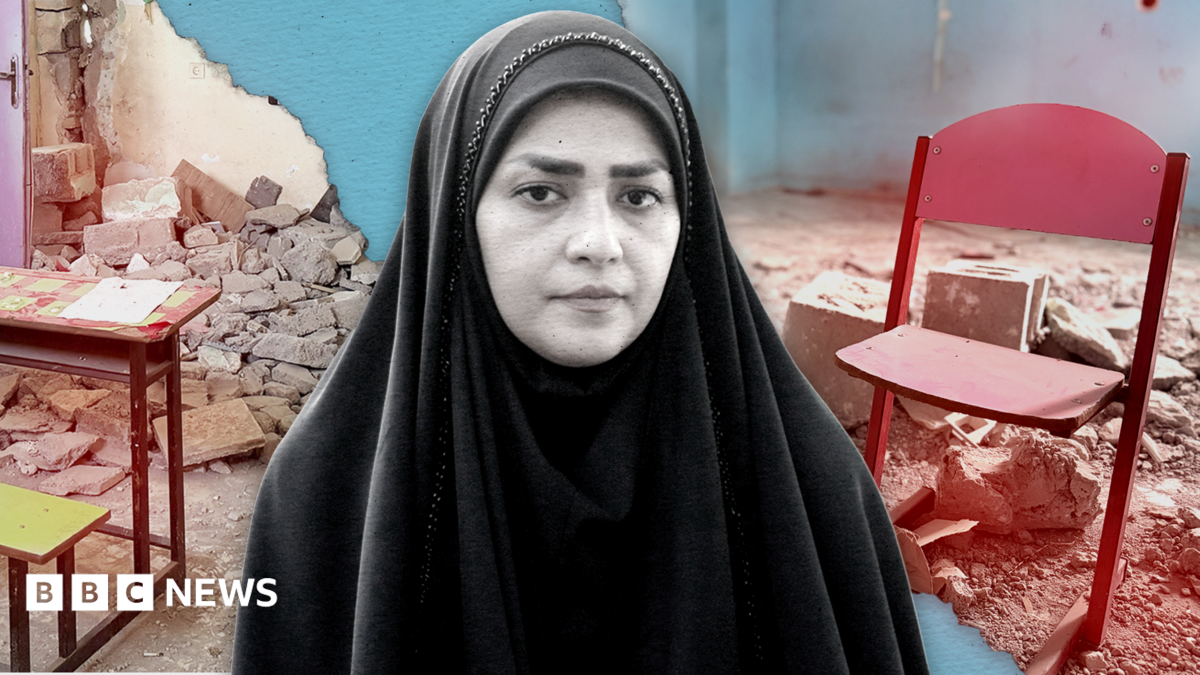 Collage image showing teacher Amaineh Nademi, wearing a black chador, looking directly at the camera with a serious expression. To her left is a close up shot of a pink chair next to rubble in a classroom which has blue walls.