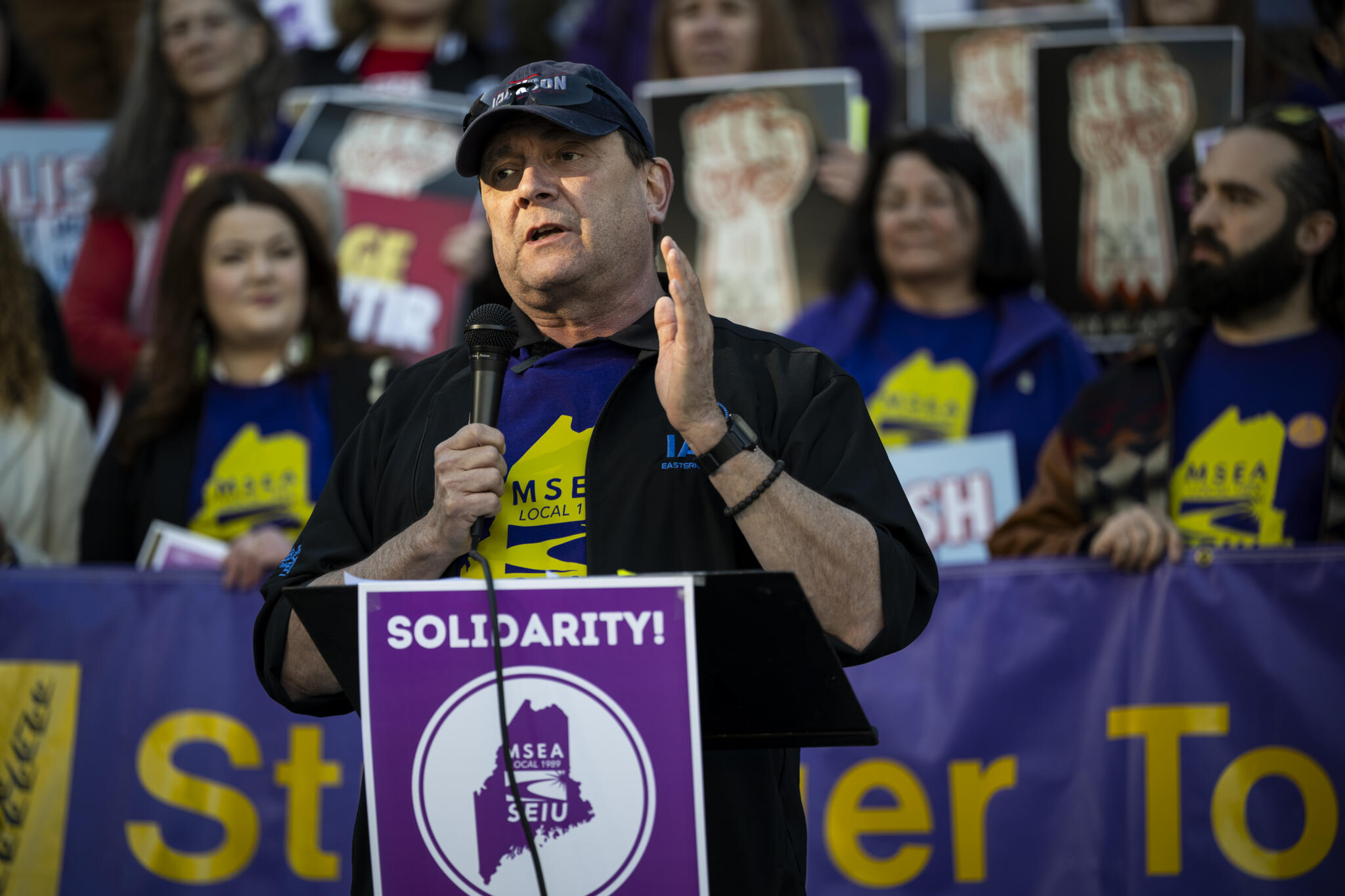 Troy Jackson speaks during a May Day rally organized by local unions outside Portland City Hall. (Graeme Sloan/Getty Images)