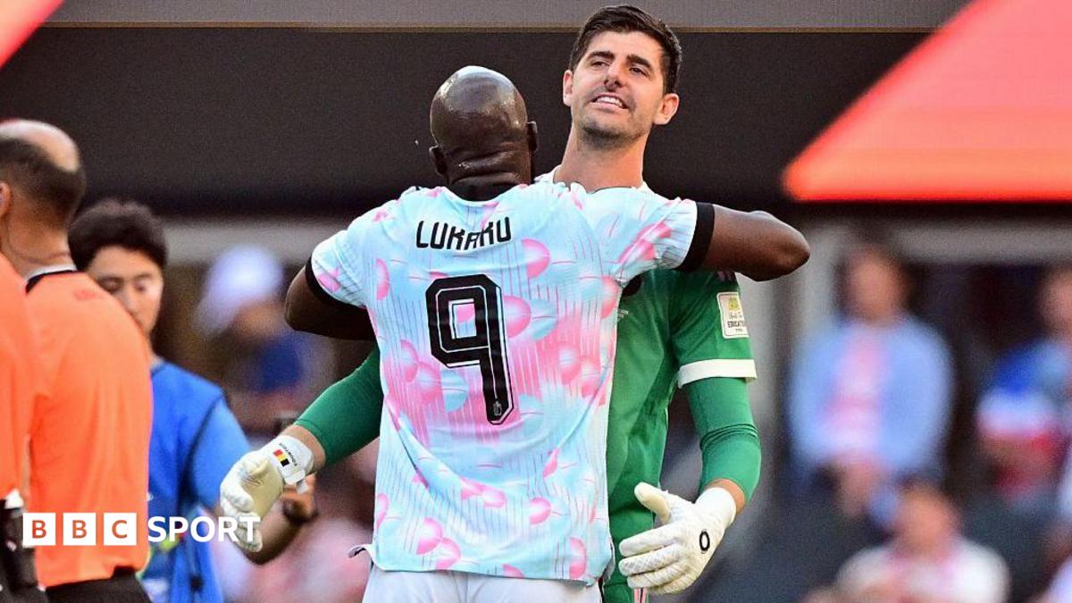Romelu Lukaku hugs Thibaut Courtois after Belgium beat USA 4-1 in Seattle in the last 16 of the 2026 FIFA World Cup