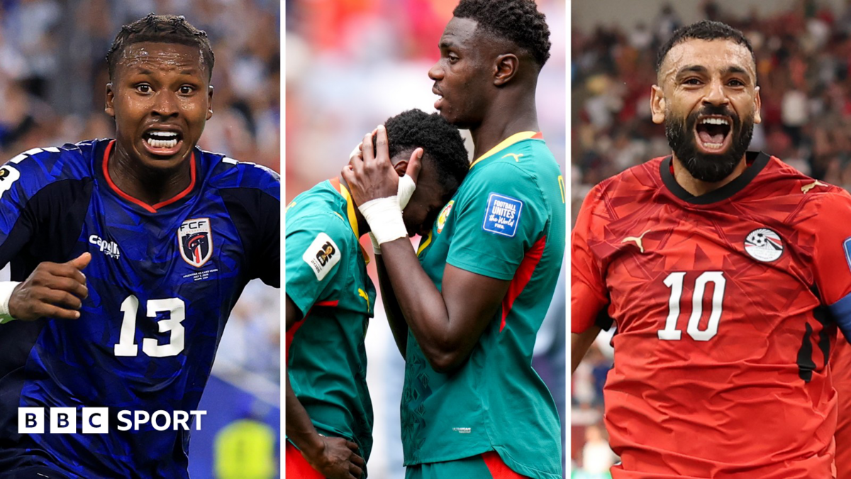 A triptych shows, from left to right, Sidny Lopes Cabral celebrating a goal while wearing a blue Cape Verde shirt with a white number 13 on the chest, one Senegal player leaning his head down onto the chest of a taller team-mate while being consoled and Mohamed Salah opening his mouth midway through a joyous celebration while wearing a red Egypt shirt with a white number 10 on the chest