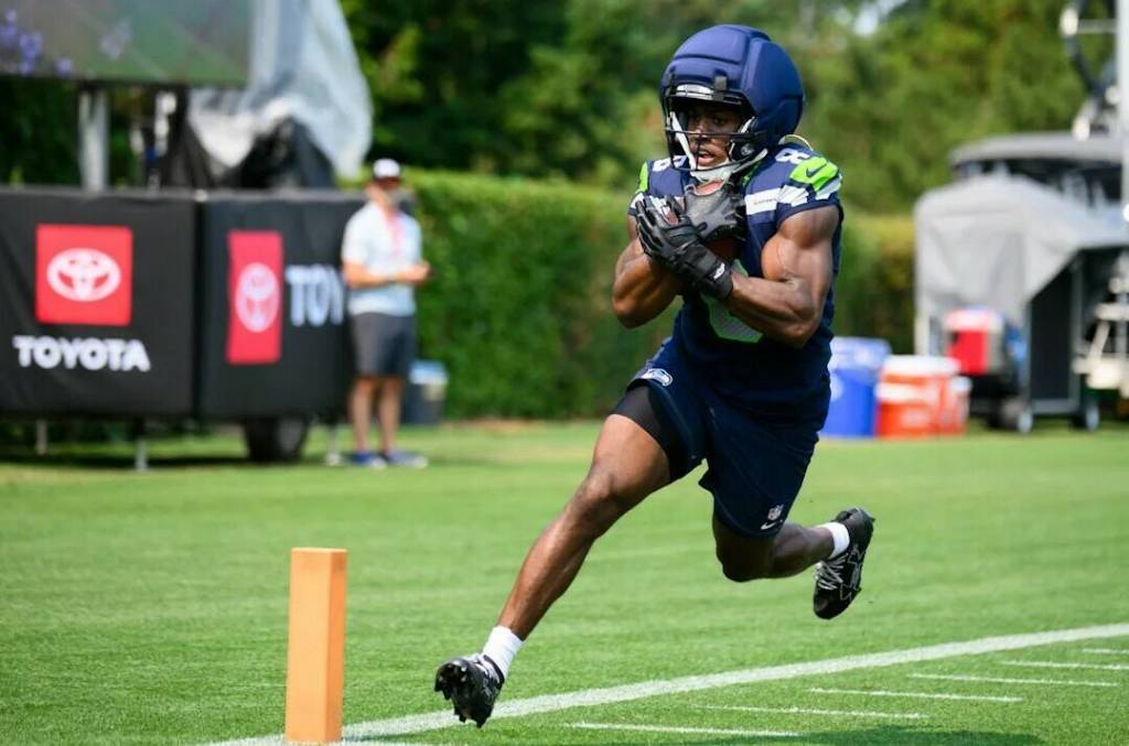 Seahawks rookie running back Jadarian Price runs the ball into the endzone during a practice on Monday, Aug. 3, 2026 at the Virginia Mason Athletic Center in Renton. (Edwin Hooper / Seattle Seahawks)