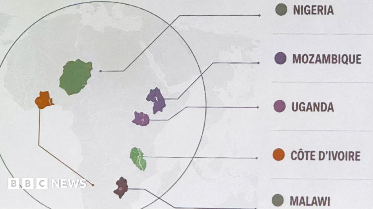 A screen shows a US government map of Africa with mislabelled countries during a State Department presentation at a global conference in Rio de Janeiro