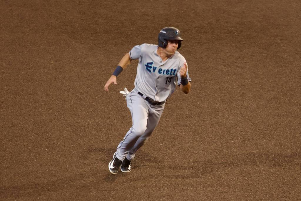 AquaSox infielder Carter Dorighi heads towards third base during Everett’s 9-6 extra-innings win against Eugene in Game 1 of the Northwest League Championship Series at PK Park in Eugene, Oregon on Sept. 9, 2025. (Joe Pohoryles / The Herald)