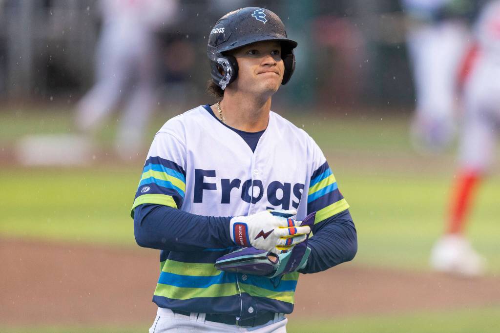 Luis Suisbel #8 of the Everett AquaSox reacts after striking out during the game against the Spokane Indians on Tuesday, April 21, 2026 in Everett, Washington. (Olivia Vanni / The Herald)