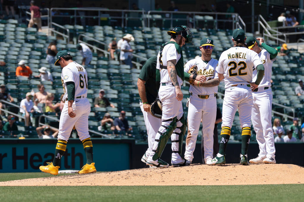 Athletics pitcher Gage Jump (61) leaves the mound during the fourth inning of a baseball game a ...