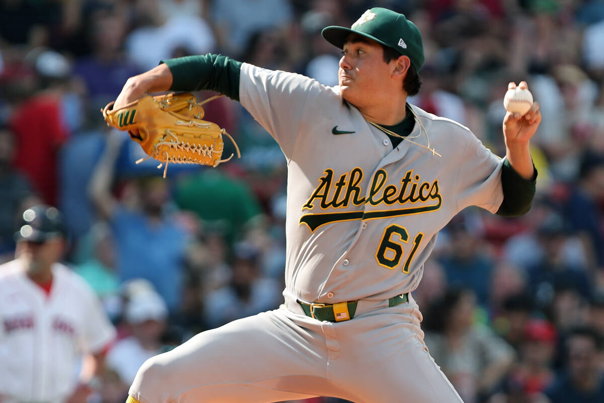 Athletics starting pitcher Gage Jump throws during the second inning of a baseball game vs. the ...