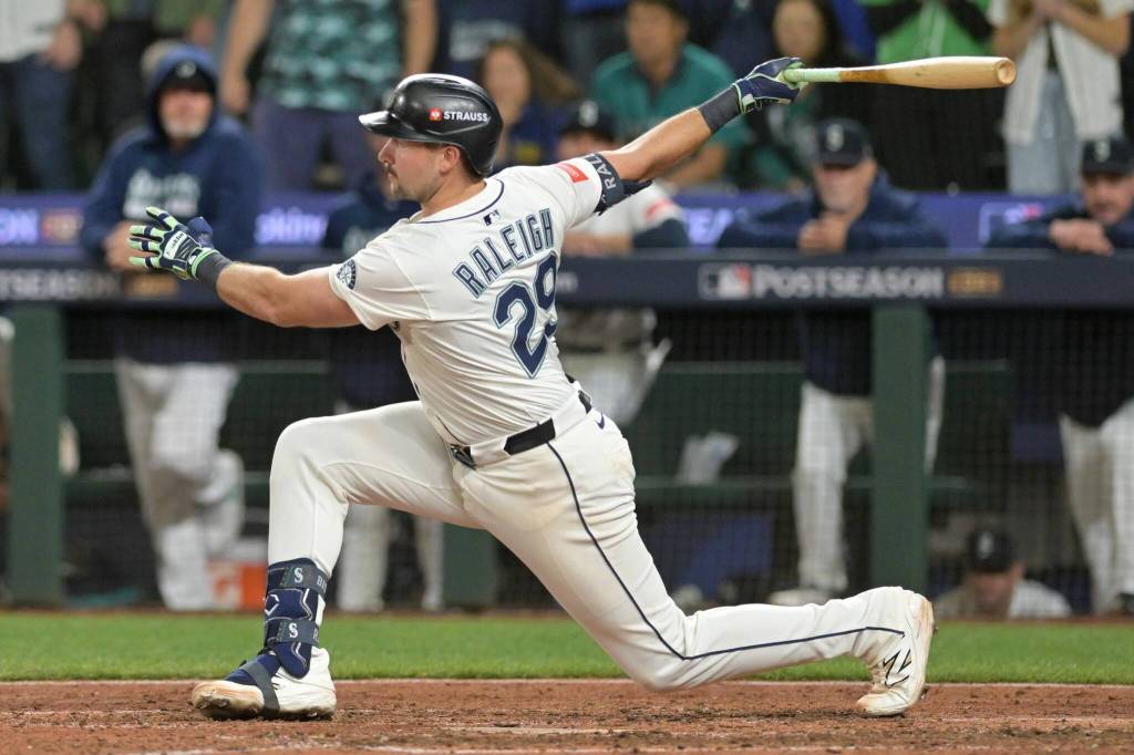 Seattle catcher Cal Raleigh strikes out in the eighth inning during Game 5 of the American League Division Series against the Detroit Tigers at T-Mobile Park on Friday, Oct. 10, 2025 in Seattle, Washington. (Robin Buckson / The Detroit News / Tribune News Services)